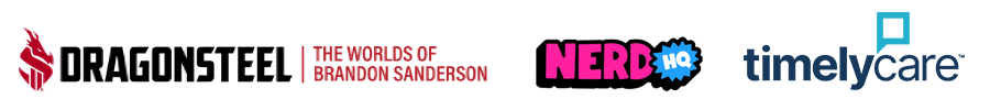 Logos for Dragonsteel, Nerd HQ, and TimelyCare in a line