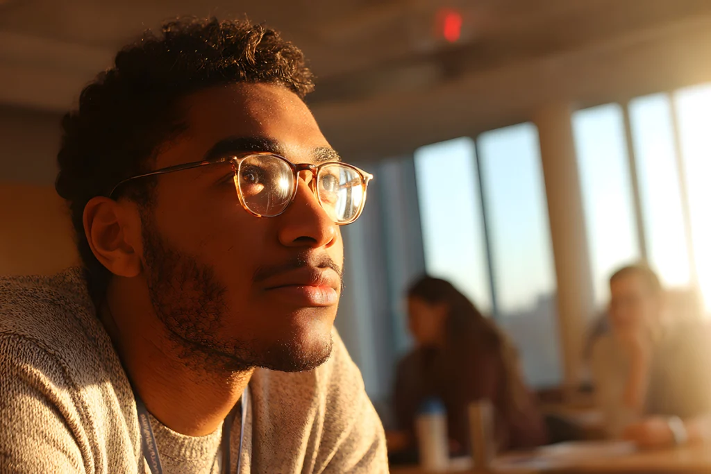 College student looking up