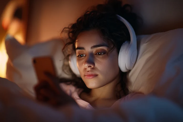 College student in bed with headphones on phone