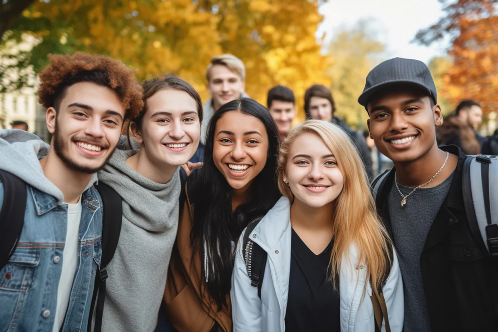 A group of students gathered together outside on a college campus